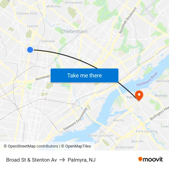 Broad St & Stenton Av to Palmyra, NJ map