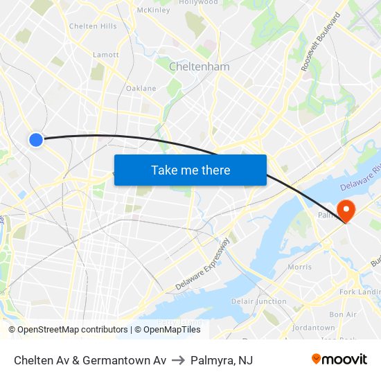 Chelten Av & Germantown Av to Palmyra, NJ map