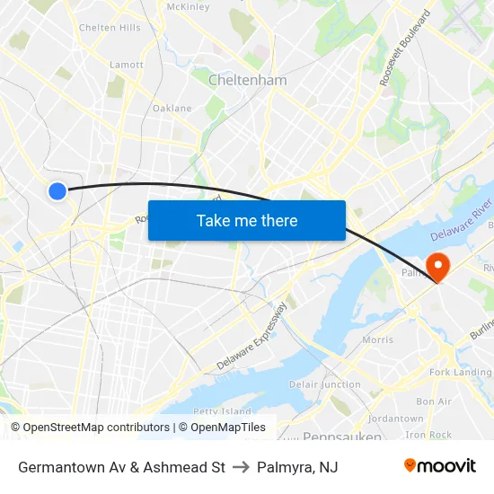 Germantown Av & Ashmead St to Palmyra, NJ map