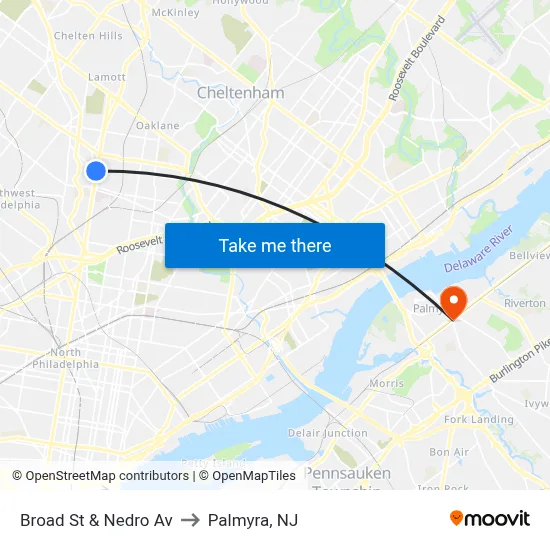 Broad St & Nedro Av to Palmyra, NJ map