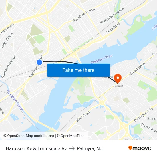 Harbison Av & Torresdale Av to Palmyra, NJ map