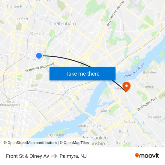 Front St & Olney Av to Palmyra, NJ map