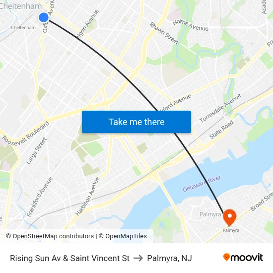 Rising Sun Av & Saint Vincent St to Palmyra, NJ map