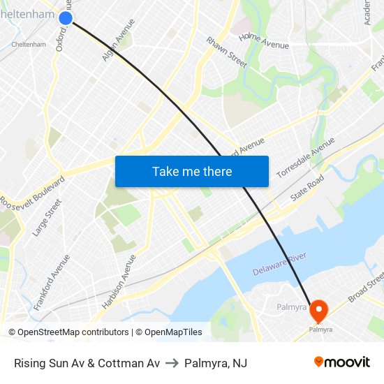Rising Sun Av & Cottman Av to Palmyra, NJ map