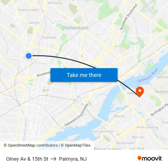 Olney Av & 15th St to Palmyra, NJ map