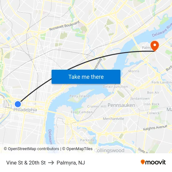 Vine St & 20th St to Palmyra, NJ map