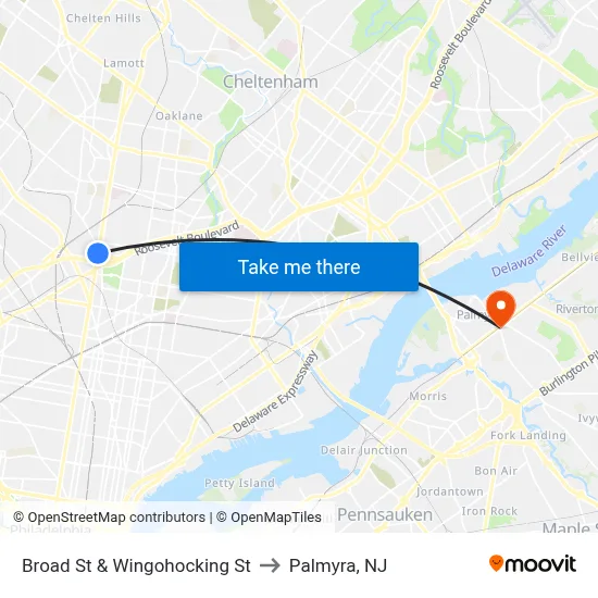 Broad St & Wingohocking St to Palmyra, NJ map