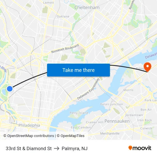 33rd St & Diamond St to Palmyra, NJ map