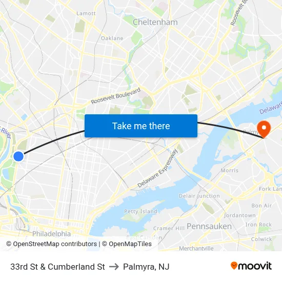 33rd St & Cumberland St to Palmyra, NJ map