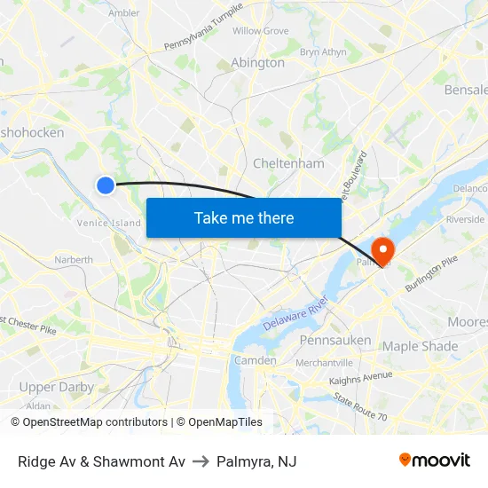 Ridge Av & Shawmont Av to Palmyra, NJ map