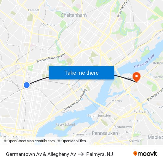 Germantown Av & Allegheny Av to Palmyra, NJ map