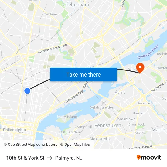 10th St & York St to Palmyra, NJ map