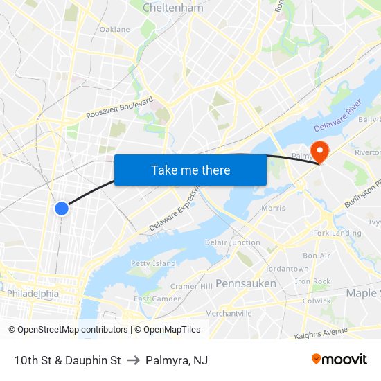 10th St & Dauphin St to Palmyra, NJ map