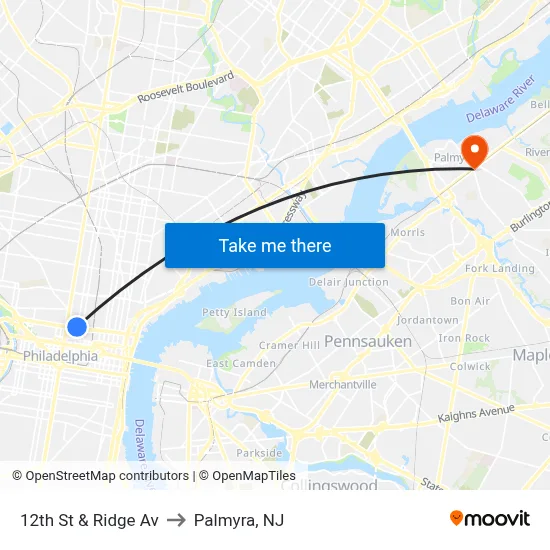 12th St & Ridge Av to Palmyra, NJ map
