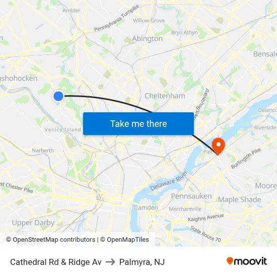 Cathedral Rd & Ridge Av to Palmyra, NJ map