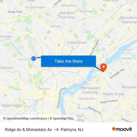 Ridge Av & Monastary Av to Palmyra, NJ map