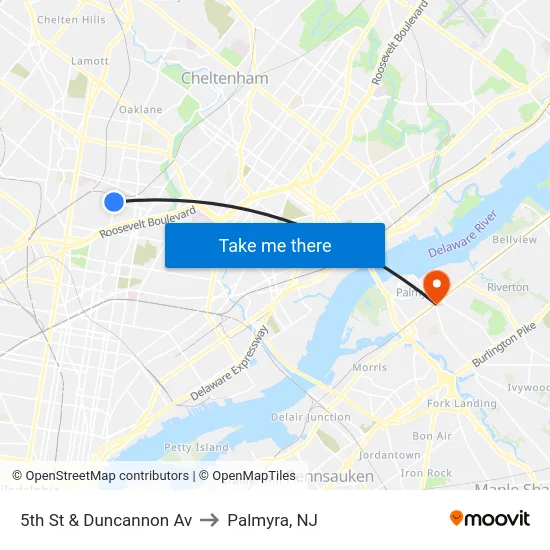 5th St & Duncannon Av to Palmyra, NJ map