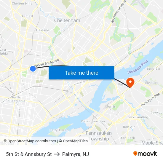 5th St & Annsbury St to Palmyra, NJ map