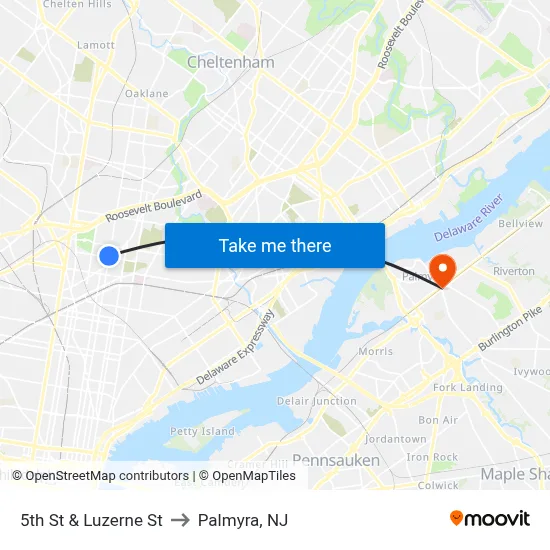 5th St & Luzerne St to Palmyra, NJ map