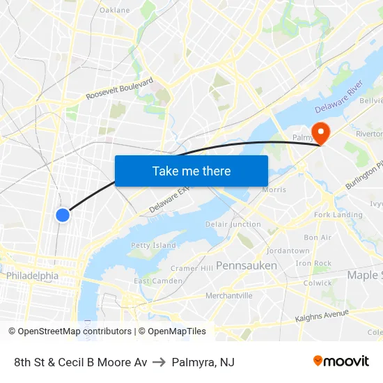 8th St & Cecil B Moore Av to Palmyra, NJ map