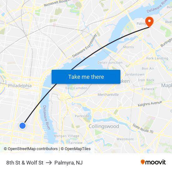 8th St & Wolf St to Palmyra, NJ map