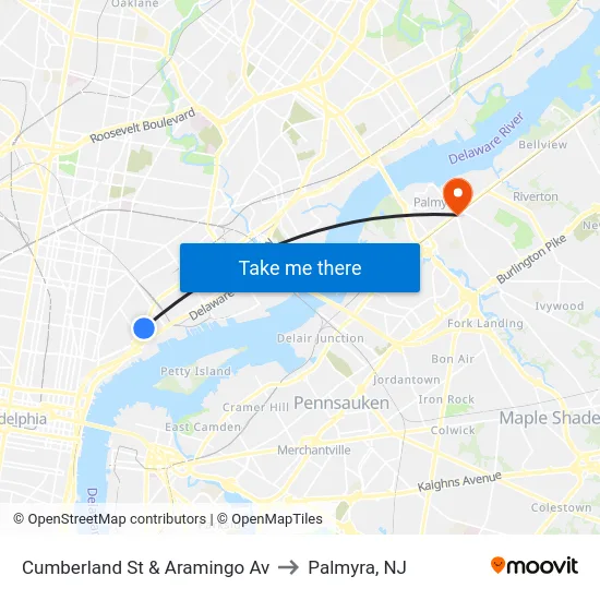 Cumberland St & Aramingo Av to Palmyra, NJ map