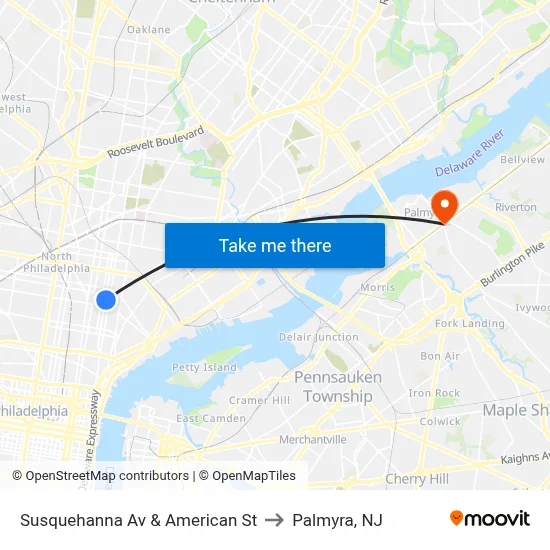 Susquehanna Av & American St to Palmyra, NJ map