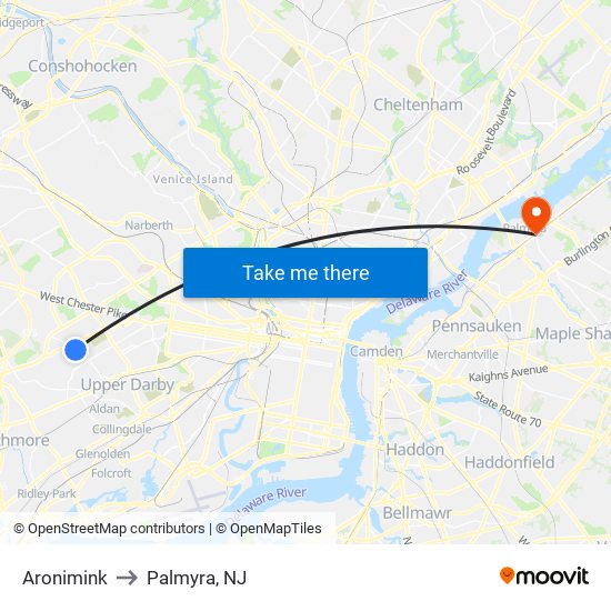 Aronimink to Palmyra, NJ map