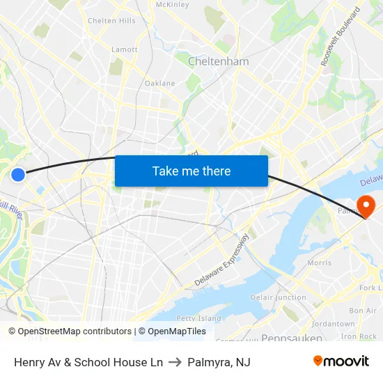 Henry Av & School House Ln to Palmyra, NJ map