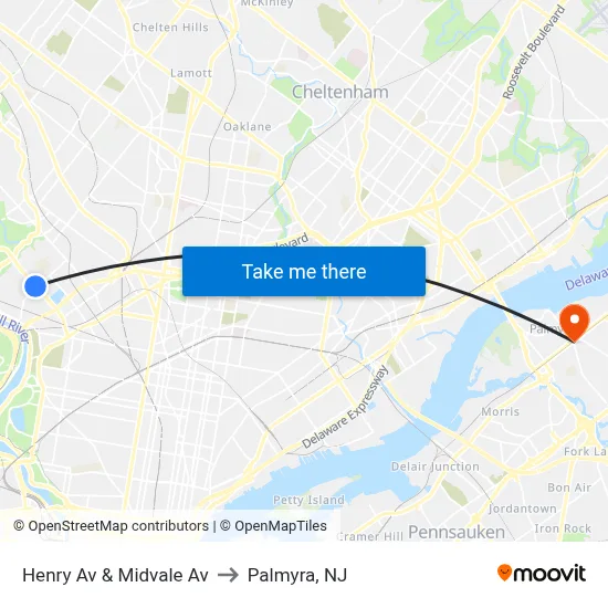Henry Av & Midvale Av to Palmyra, NJ map