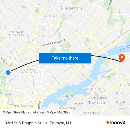 33rd St & Dauphin St to Palmyra, NJ map