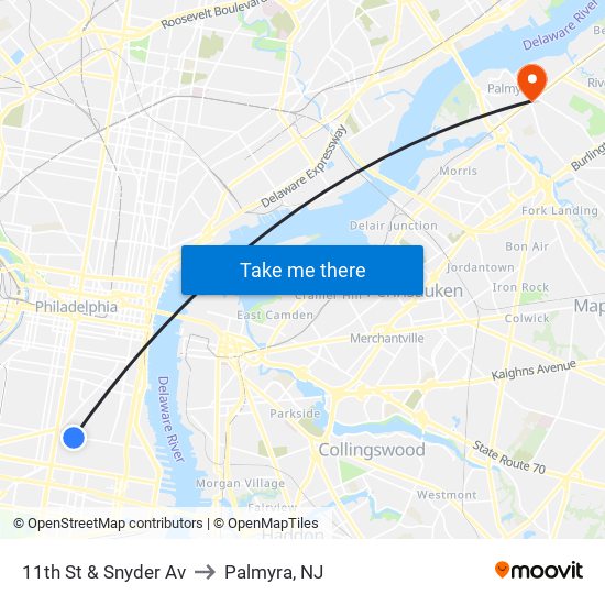 11th St & Snyder Av to Palmyra, NJ map