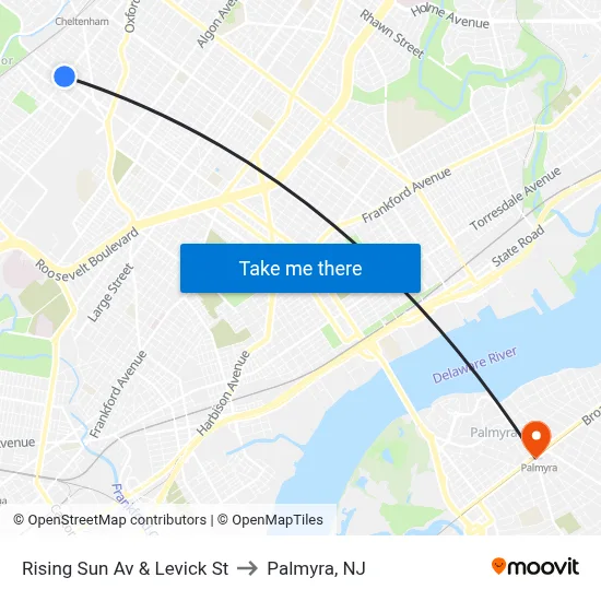 Rising Sun Av & Levick St to Palmyra, NJ map