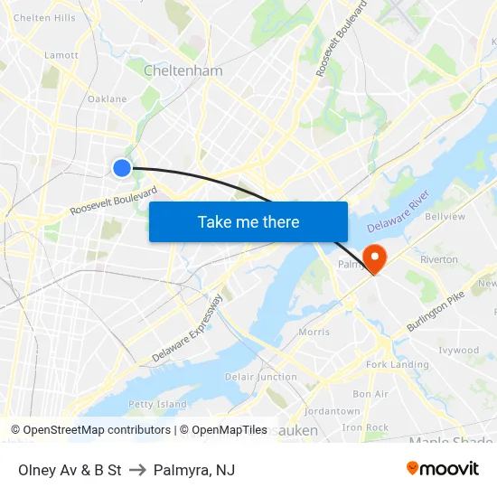 Olney Av & B St to Palmyra, NJ map