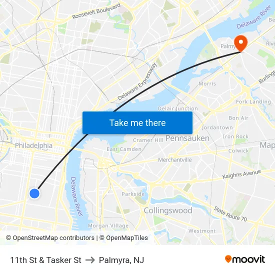 11th St & Tasker St to Palmyra, NJ map