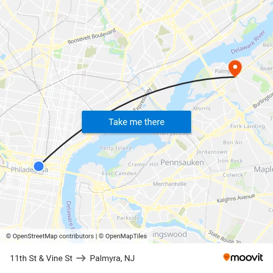 11th St & Vine St to Palmyra, NJ map