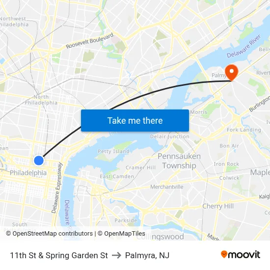 11th St & Spring Garden St to Palmyra, NJ map
