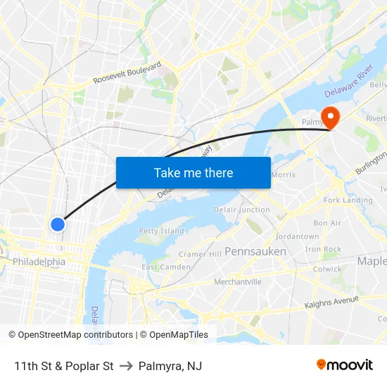 11th St & Poplar St to Palmyra, NJ map
