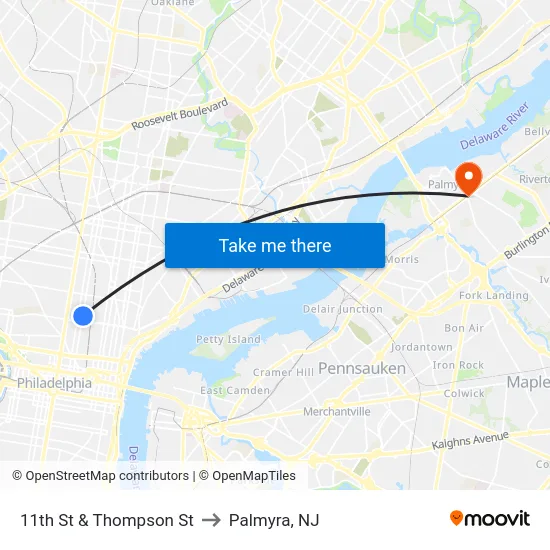 11th St & Thompson St to Palmyra, NJ map
