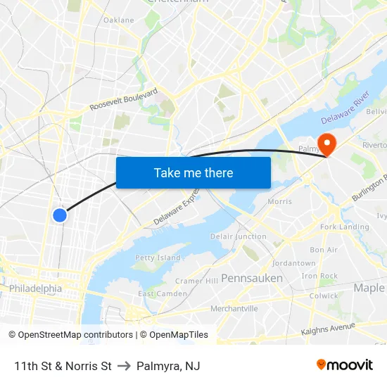 11th St & Norris St to Palmyra, NJ map
