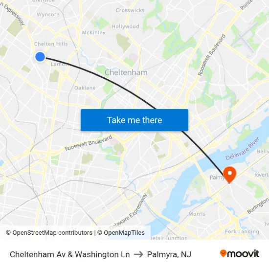 Cheltenham Av & Washington Ln to Palmyra, NJ map