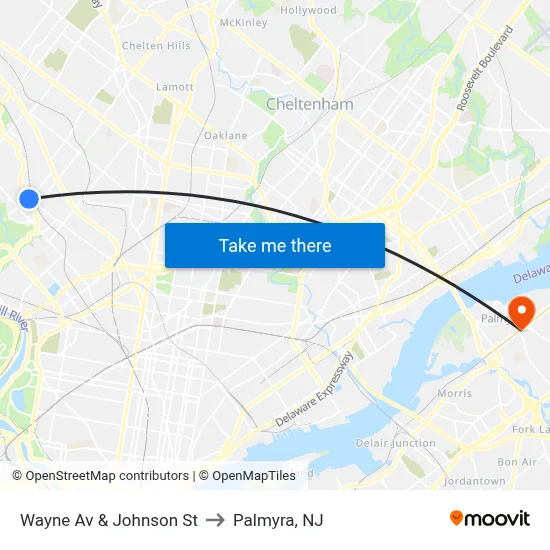 Wayne Av & Johnson St to Palmyra, NJ map