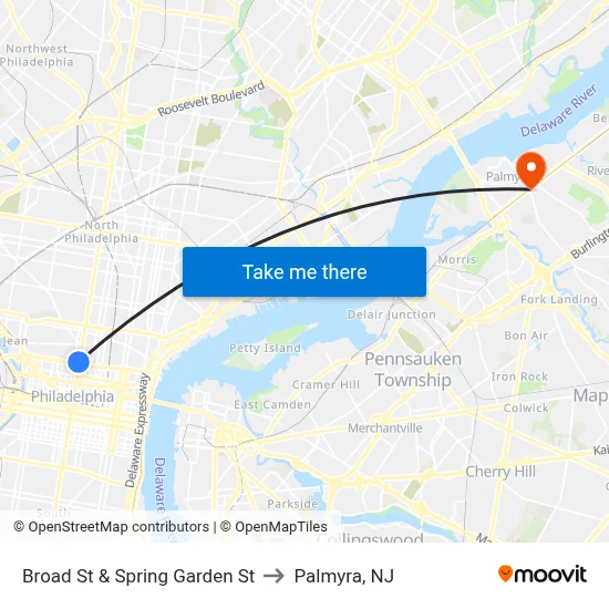 Broad St & Spring Garden St to Palmyra, NJ map