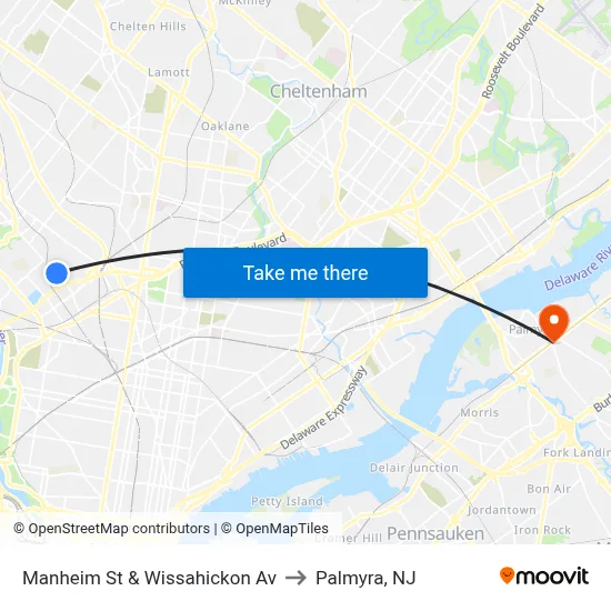 Manheim St & Wissahickon Av to Palmyra, NJ map