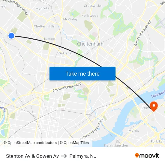 Stenton Av & Gowen Av to Palmyra, NJ map