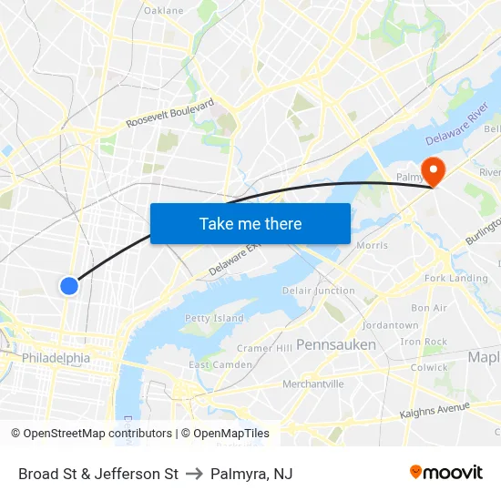 Broad St & Jefferson St to Palmyra, NJ map