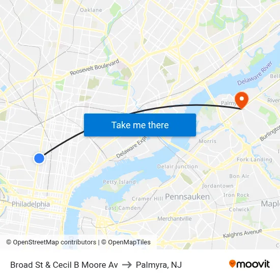 Broad St & Cecil B Moore Av to Palmyra, NJ map