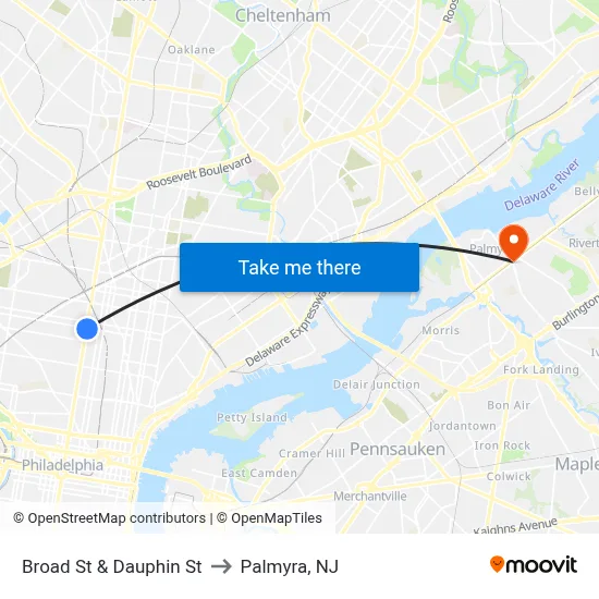 Broad St & Dauphin St to Palmyra, NJ map