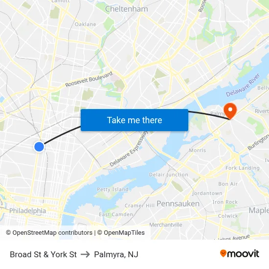 Broad St & York St to Palmyra, NJ map
