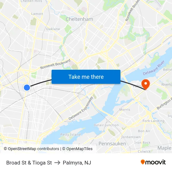 Broad St & Tioga St to Palmyra, NJ map